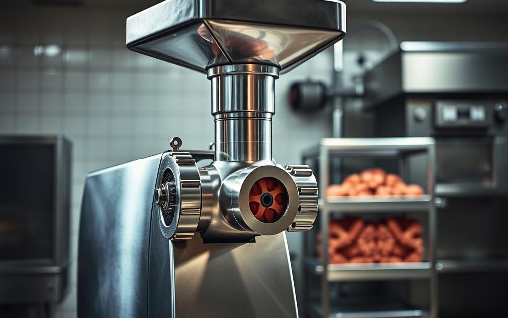 A well-lit industrial meat grinder, its stainless steel blades and auger precisely engineered for efficient processing. The machine stands prominently in the foreground, its robust frame and powerful motor hinting at its commercial-grade capabilities. In the middle ground, the feed hopper invites the raw material, while the discharge chute anticipates the ground meat's steady flow. The background reveals the clean, utilitarian environment of a modern food processing facility, with tiled walls and specialized equipment visible. Crisp lighting casts dramatic shadows, emphasizing the grinder's mechanical form and the task it is designed to perform.