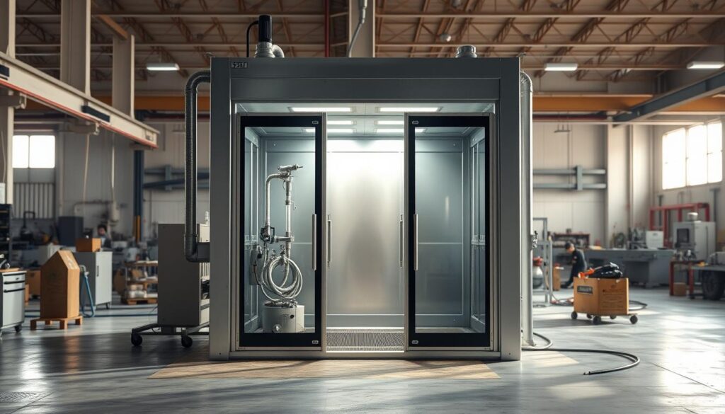 A well-lit industrial setting with a prominent centrally placed sandblasting booth, its sturdy metal frame and transparent acrylic panels casting an inviting glow. The booth's interior features specialized nozzles and hoses, conveying the precision and control of the blasting process. The background showcases a factory floor with various machinery, highlighting the booth's integration into a productive industrial environment. Soft shadows and highlights create a sense of depth, emphasizing the booth's functional design and the advantages it offers for surface preparation and finishing tasks.