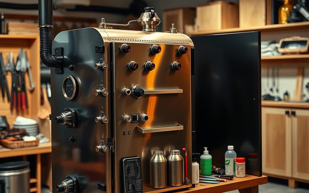 A well-lit industrial smoker stands prominently in the foreground, its metal exterior gleaming under warm, directional lighting. Numerous knobs, dials, and vents adorn its surface, hinting at the intricate controls required for precise temperature and smoke regulation. In the middle ground, various tools and cleaning supplies are neatly arranged, emphasizing the importance of meticulous maintenance. The background depicts a clean, organized workshop environment, with wooden shelves and cabinets providing ample storage space. The overall scene conveys a sense of professionalism, attention to detail, and the essential care required to ensure the safe and efficient operation of an industrial smoker. A well-lit industrial smoker stands prominently in the foreground, its metal exterior gleaming under warm, directional lighting. Numerous knobs, dials, and vents adorn its surface, hinting at the intricate controls required for precise temperature and smoke regulation. In the middle ground, various tools and cleaning supplies are neatly arranged, emphasizing the importance of meticulous maintenance. The background depicts a clean, organized workshop environment, with wooden shelves and cabinets providing ample storage space. The overall scene conveys a sense of professionalism, attention to detail, and the essential care required to ensure the safe and efficient operation of an industrial smoker.