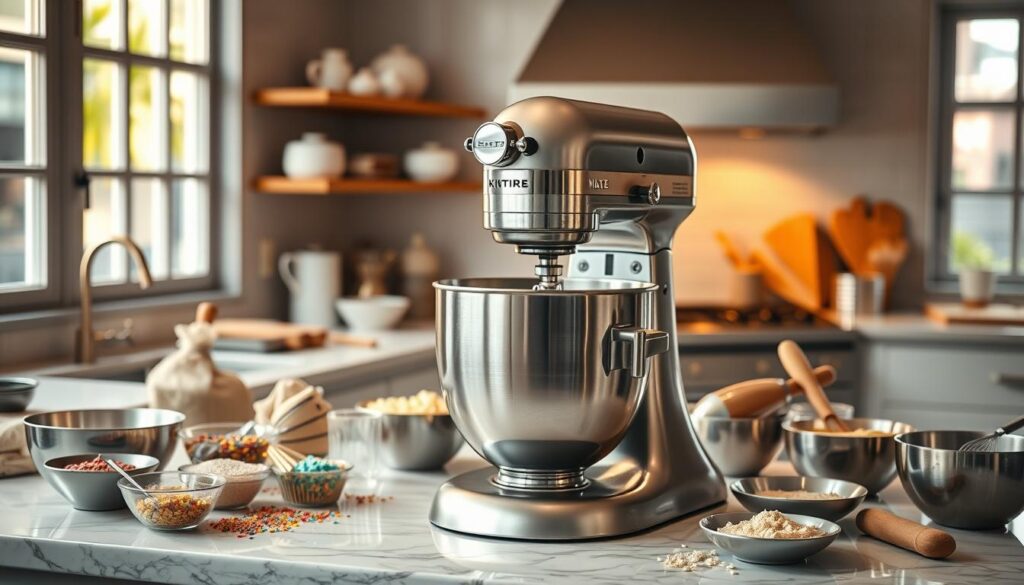 A well-lit professional kitchen setting, featuring a large stainless steel stand mixer prominently placed on a marble countertop. The mixer's body has a classic design with clean lines, gleaming chrome accents, and a powerful motor. An assortment of baking tools and ingredients surround the mixer, including a variety of mixing bowls, spatulas, and colorful sprinkles. The kitchen is bathed in warm, natural lighting from large windows, creating a cozy and inviting atmosphere. The scene conveys the essential role of a stand mixer in the process of creating delectable confections, ready to be utilized by a skilled pastry chef.