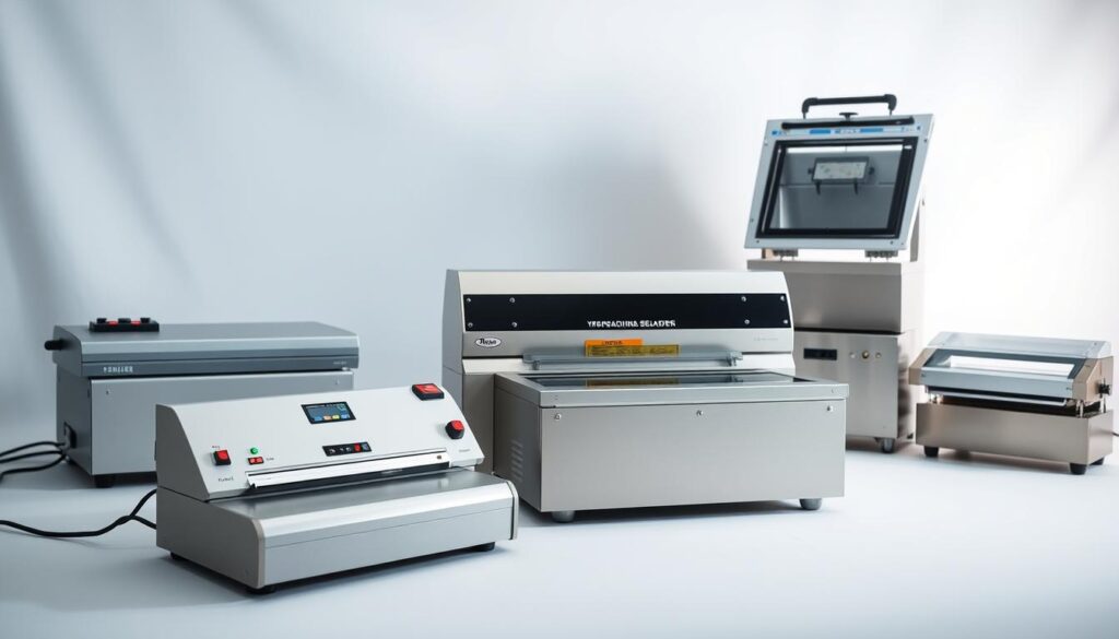 A well-lit studio setting showcasing an assortment of industrial sealing machines. In the foreground, a compact tabletop heat sealer with a sleek, modern design. In the middle ground, a large impulse sealer with adjustable temperature and pressure controls. In the background, a commercial vacuum sealer with a transparent lid, revealing the inner workings. The machines are arranged against a neutral, seamless backdrop, allowing the focus to remain on their unique features and capabilities. The lighting is soft and diffused, emphasizing the machines' textures and materials. The overall composition conveys a sense of professionalism and attention to detail, suitable for illustrating the "Principales tipos de máquinas seladoras" section.
