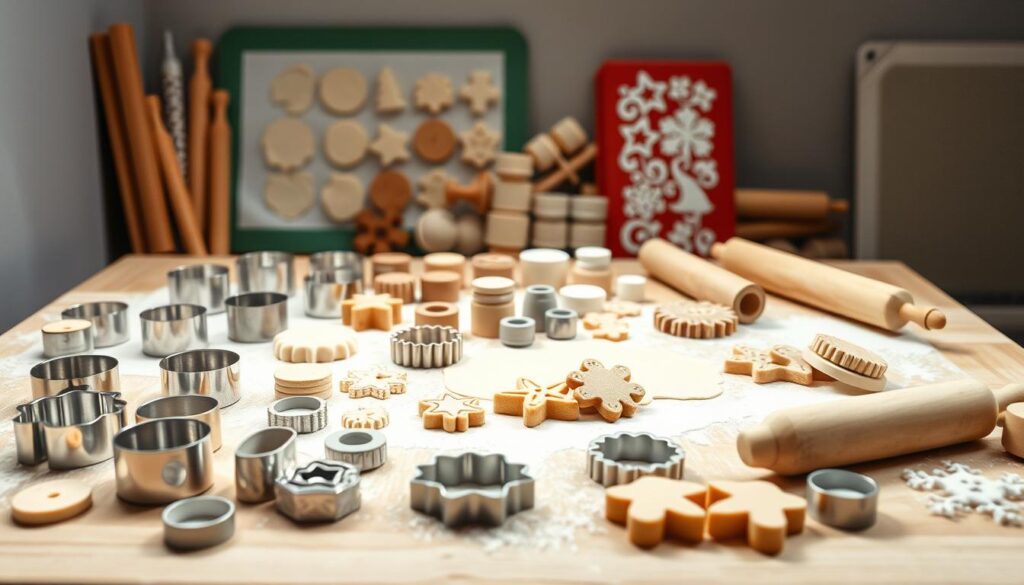 A well-lit studio setting with several types of dough molding tools artfully arranged on a clean, wooden worktop. In the foreground, various shaped dough cutters, rolling pins, and small dough shaping molds are meticulously placed. The middle ground features an array of intricate cookie stamps, fondant smoothers, and textured rolling pins. In the background, a selection of silicone mats and baking trays subtly hint at the confectionary applications. The lighting is soft and diffused, creating an inviting, professional atmosphere that showcases the tools' shapes, textures, and colors. The overall composition highlights the diverse range of dough modelers available to skilled pastry chefs.