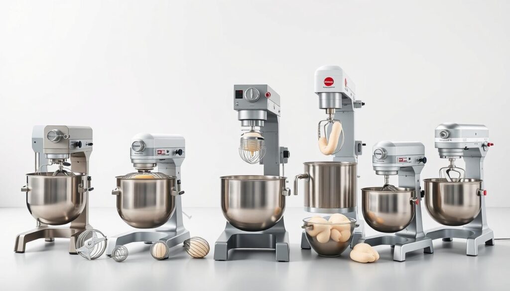 A well-lit studio shot of an assortment of different spiral dough mixers, showcasing their diverse designs and functionalities. The foreground features a range of mixer sizes and shapes, from large commercial units to smaller countertop models, all rendered in high detail with a focus on their spiral mixing arms, control panels, and sturdy stainless steel construction. The middle ground shows the mixers in various stages of operation, kneading and folding dough with precision and efficiency. The background is a clean, minimalist setting, allowing the mixers to take center stage and highlight their technical capabilities and suitability for a variety of commercial and industrial baking applications.