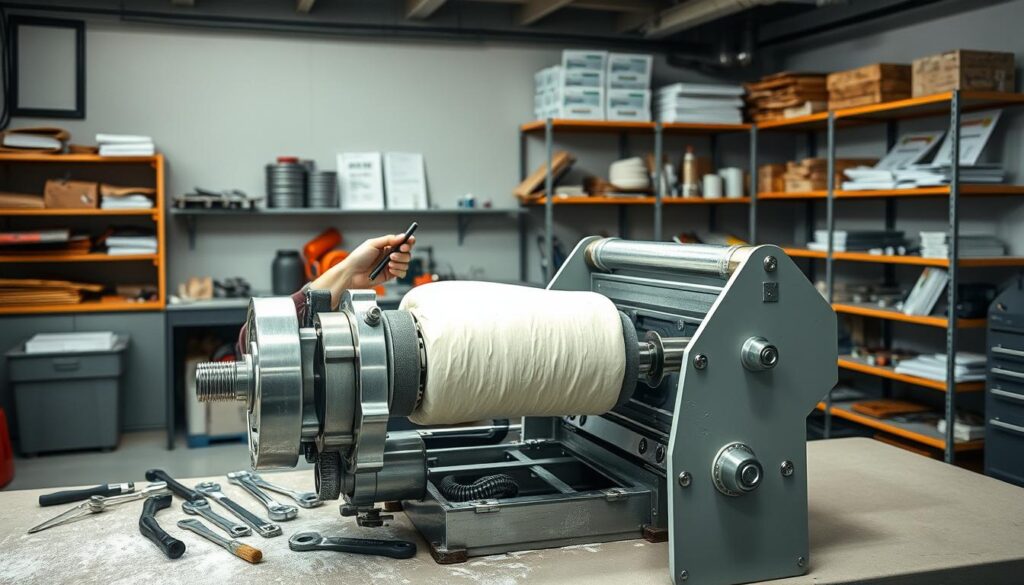 A well-lit workshop interior, with a large industrial dough roller in the foreground. The machine is disassembled, revealing its intricate mechanisms. Skilled hands carefully clean and inspect each component, ensuring optimal performance. The middle ground features various maintenance tools - wrenches, brushes, and lubricants - neatly organized on a workbench. In the background, shelves hold spare parts and reference manuals, creating a sense of order and professionalism. Soft, directional lighting casts subtle shadows, highlighting the attention to detail in the maintenance process. An atmosphere of diligence and precision pervades the scene, capturing the importance of proper care for this essential food processing equipment.