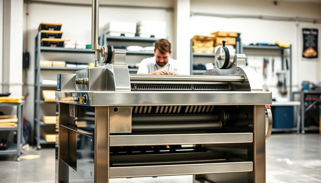 A well-maintained industrial dough divider, its metallic frame gleaming under soft lighting. The machine stands prominently in the foreground, its distinct modular design and clean lines conveying a sense of engineering precision. In the middle ground, the operator carefully inspects the internal mechanisms, ensuring optimal performance. The background is a clean, organized workshop setting, with shelves of spare parts and maintenance tools visible, suggesting a commitment to proactive care and upkeep. The overall atmosphere is one of professionalism, efficiency, and a focus on maintaining the divisora de massa in peak operating condition.