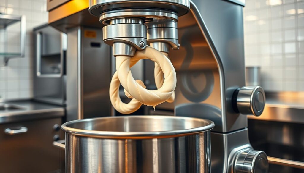 A well-maintained spiral dough mixer, its stainless steel body gleaming under the warm studio lighting. The spiral kneading hook gently turns, kneading the dough with precision and care. The machine's control panel is accessible, allowing for easy adjustments to the mixing speed and duration. In the background, a clean, organized commercial kitchen setting, with chrome appliances and tiled walls, reflecting the attention to detail required for proper mixer maintenance. The scene conveys a sense of professionalism and attention to detail, highlighting the importance of properly caring for this essential piece of baking equipment.