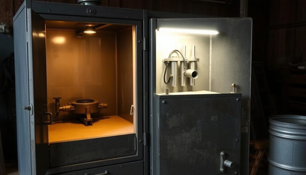 A well-worn, industrial-looking sandblasting cabinet stands in a dimly lit workshop. The cabinet's exterior is a weathered metal, with scratches and dents hinting at its history of use. Soft, warm lighting illuminates the interior, revealing a meticulously maintained workspace. The cabinet's door is slightly ajar, allowing a glimpse of the specialized equipment and attachments within. The overall scene conveys a sense of functionality and practicality, suggesting the advantages of acquiring a pre-owned, but well-maintained, sandblasting cabinet.