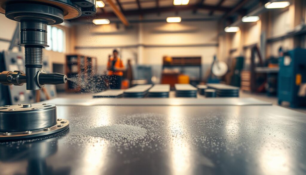 A workshop environment with a steel grit blasting machine in the foreground, its nozzle precisely directing a stream of steel particles onto a metal surface. In the middle ground, finished products gleam with a uniform, smooth finish, highlighting the efficiency of the process. The background features a well-lit, organized workspace, conveying the professionalism and attention to detail in steel grit blasting operations. Soft, warm lighting casts a subtle glow, creating a sense of quality and craftsmanship. The overall scene emphasizes the benefits of steel grit blasting: improved surface finish, increased durability, and a streamlined, controlled workflow.