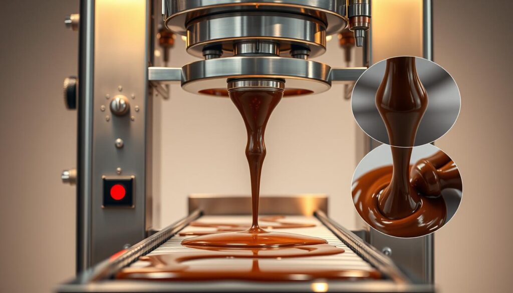 An expertly crafted chocolate coating machine, its intricate components and mechanisms elegantly displayed under warm studio lighting. The foreground showcases the machine's key features - smooth chocolate flow, precise temperature control, and a sleek stainless steel finish. In the middle ground, close-up views of the chocolate nozzle and conveyor belt highlight the machine's engineering precision. The background is a clean, minimalist setting, allowing the machine's quality and craftsmanship to take center stage. The overall mood is one of professionalism, reliability, and attention to detail - qualities essential for evaluating the ideal chocolate coating machine.