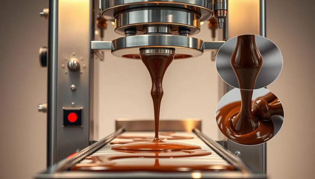 An expertly crafted chocolate coating machine, its intricate components and mechanisms elegantly displayed under warm studio lighting. The foreground showcases the machine's key features - smooth chocolate flow, precise temperature control, and a sleek stainless steel finish. In the middle ground, close-up views of the chocolate nozzle and conveyor belt highlight the machine's engineering precision. The background is a clean, minimalist setting, allowing the machine's quality and craftsmanship to take center stage. The overall mood is one of professionalism, reliability, and attention to detail - qualities essential for evaluating the ideal chocolate coating machine. An expertly crafted chocolate coating machine, its intricate components and mechanisms elegantly displayed under warm studio lighting. The foreground showcases the machine's key features - smooth chocolate flow, precise temperature control, and a sleek stainless steel finish. In the middle ground, close-up views of the chocolate nozzle and conveyor belt highlight the machine's engineering precision. The background is a clean, minimalist setting, allowing the machine's quality and craftsmanship to take center stage. The overall mood is one of professionalism, reliability, and attention to detail - qualities essential for evaluating the ideal chocolate coating machine.