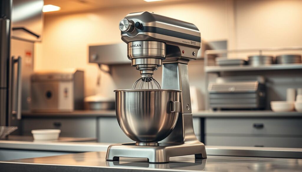 An industrial-grade commercial stand mixer in a well-lit commercial kitchen setting. The mixer's heavy-duty stainless steel construction stands tall and sturdy on the countertop, ready to handle large batches of dough or batter with ease. Warm, indirect lighting casts a soft glow, emphasizing the mixer's sleek, professional design. The surrounding kitchen features high-end appliances, clean surfaces, and ample workspace, conveying a sense of efficiency and productivity. The overall scene suggests the power, reliability, and suitability of this industrial mixer for commercial baking applications.