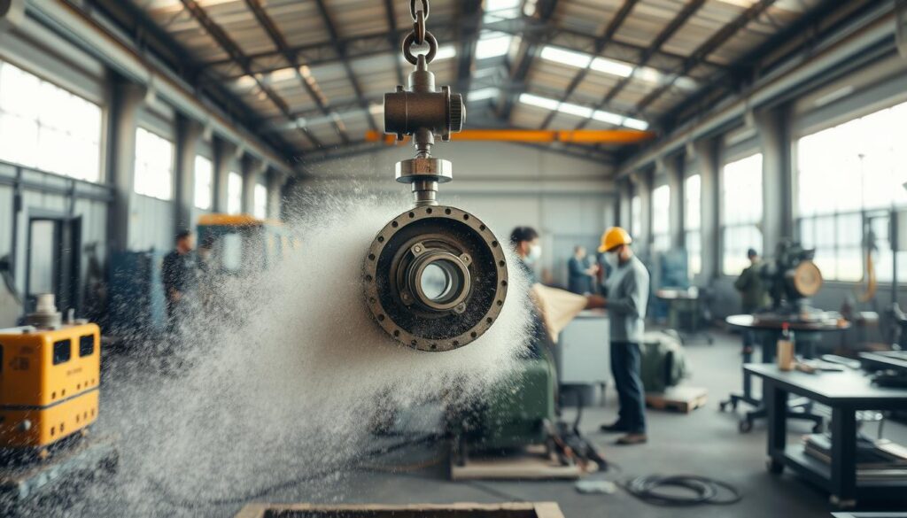 An industrial metalworking workshop, well-lit by natural light streaming through large windows. In the foreground, a metal part is undergoing a blasting process, surrounded by a cloud of tiny abrasive particles. The part is suspended on a jig, rotating slowly to ensure even coverage. In the middle ground, workers in protective gear operate the blasting equipment, carefully monitoring the process. The background reveals other machinery and workstations, creating a sense of a bustling, efficient production environment. The atmosphere is one of focused activity, with a touch of industrial grit and the hum of machinery. The lighting is balanced, with soft shadows and highlights that accentuate the textures and shapes of the metal components.