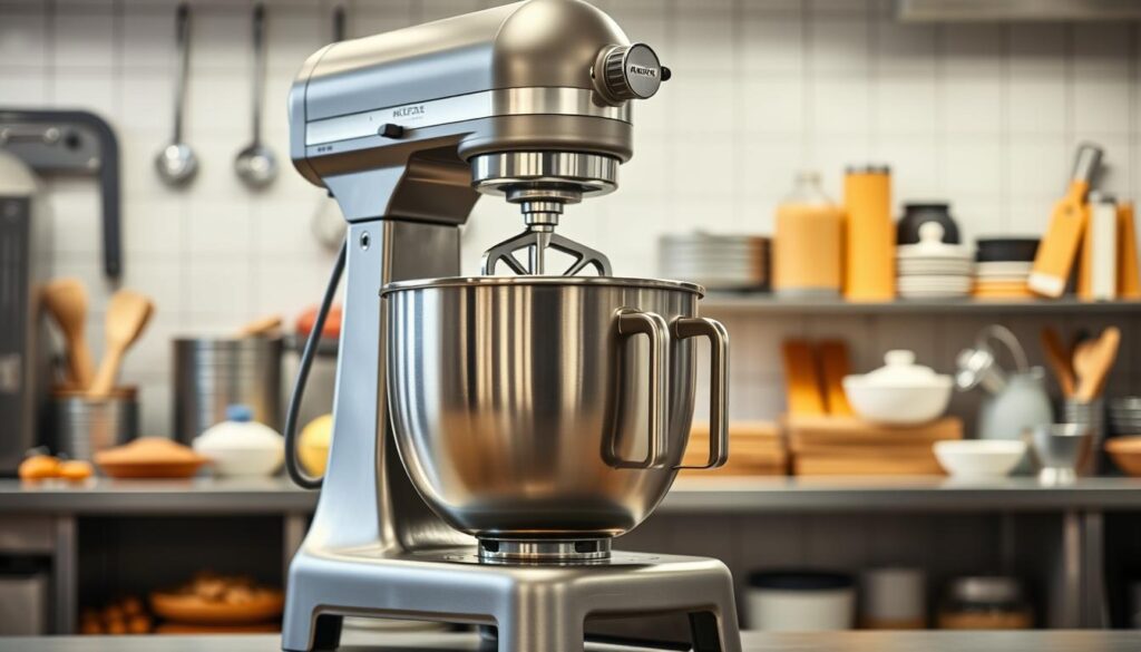 An industrial stand mixer with a large stainless steel bowl, powerful motor, and sturdy design stands prominently in a well-lit commercial kitchen. The mixer's brushed metal body reflects the soft lighting, conveying a sense of quality and durability. In the background, various baking ingredients and tools are neatly arranged, suggesting the mixer's role in a professional-grade baking operation. The overall scene exudes an atmosphere of efficiency, precision, and the ability to handle large-scale mixing tasks with ease, perfectly capturing the power and longevity of an industrial stand mixer for commercial baking.