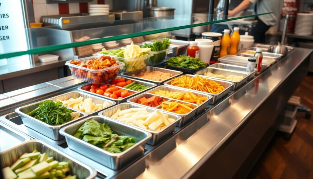 Balcão refrigerado de hamburgueria com ingredientes organizados