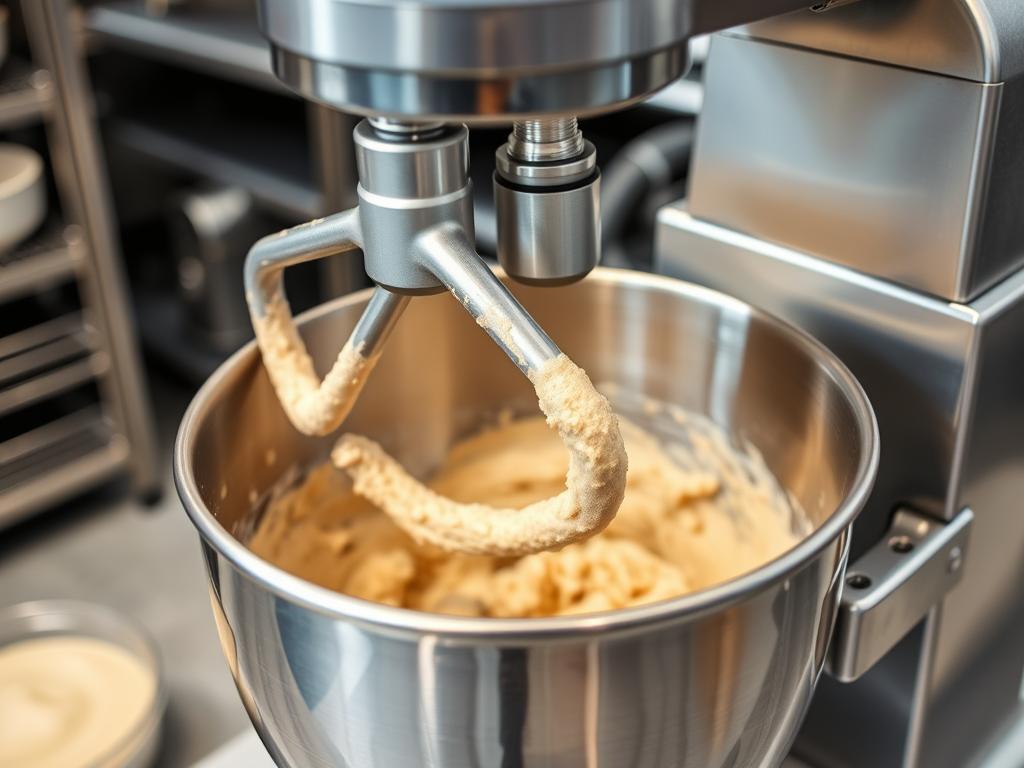 Batedeira planetária industrial sendo utilizada na produção de massa para bolos em uma fábrica Batedeira planetária industrial sendo utilizada na produção de massa para bolos em uma fábrica