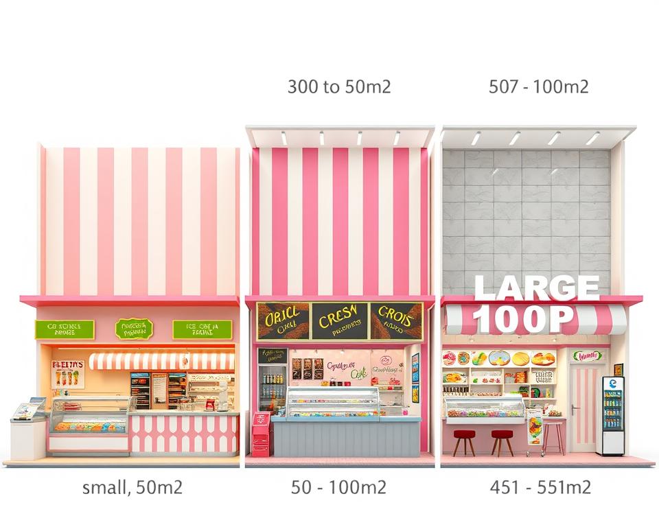Comparação entre diferentes portes de sorveteria, mostrando estabelecimentos pequenos, médios e grandes Comparação entre diferentes portes de sorveteria, mostrando estabelecimentos pequenos, médios e grandes