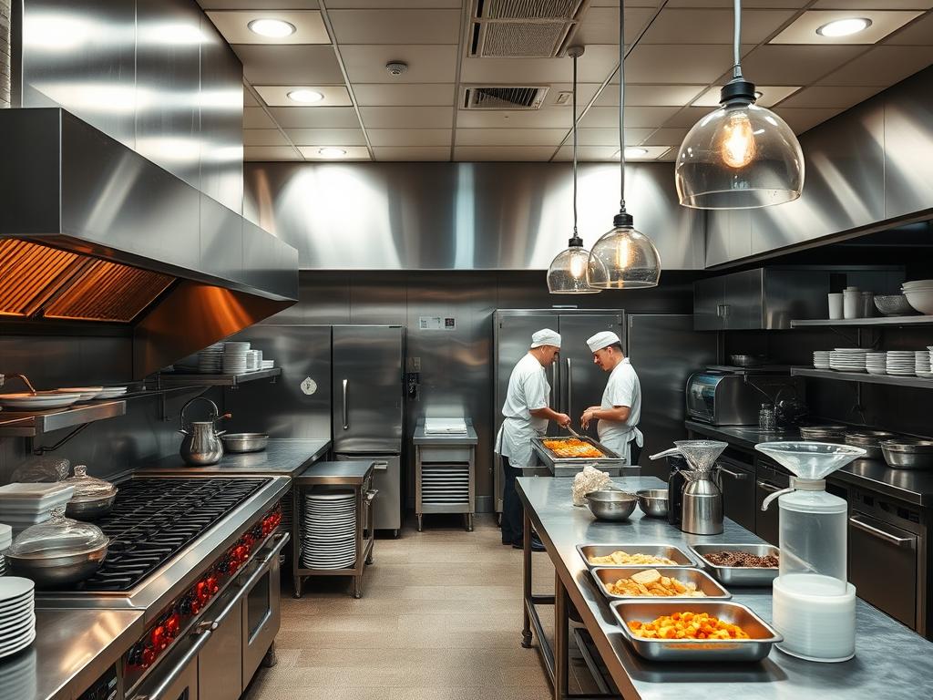 Cozinha industrial com fogões, fornos e processadores de alimentos para restaurante self-service