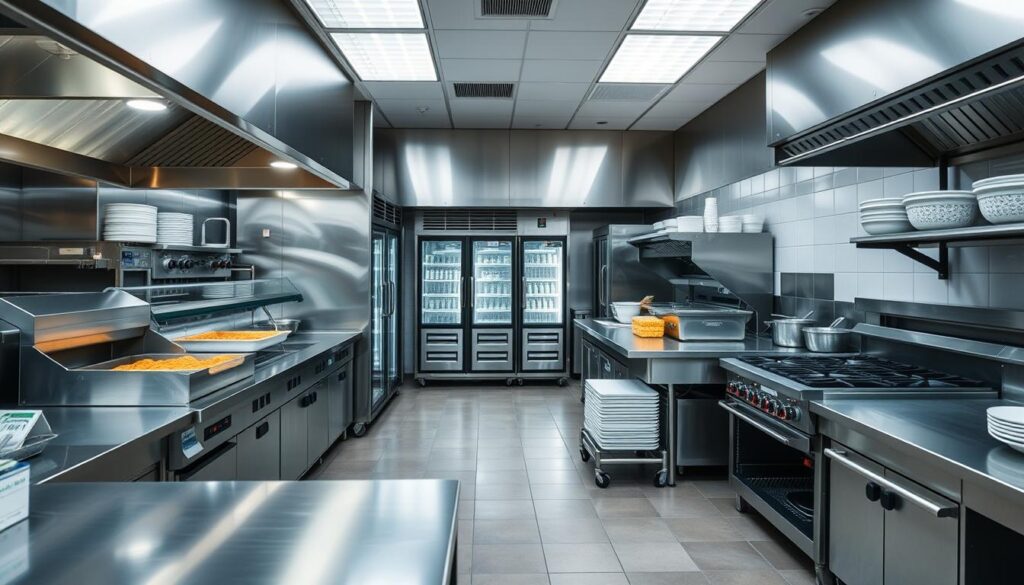 Cozinha industrial equipada para restaurante self-service com balcões térmicos e equipamentos
