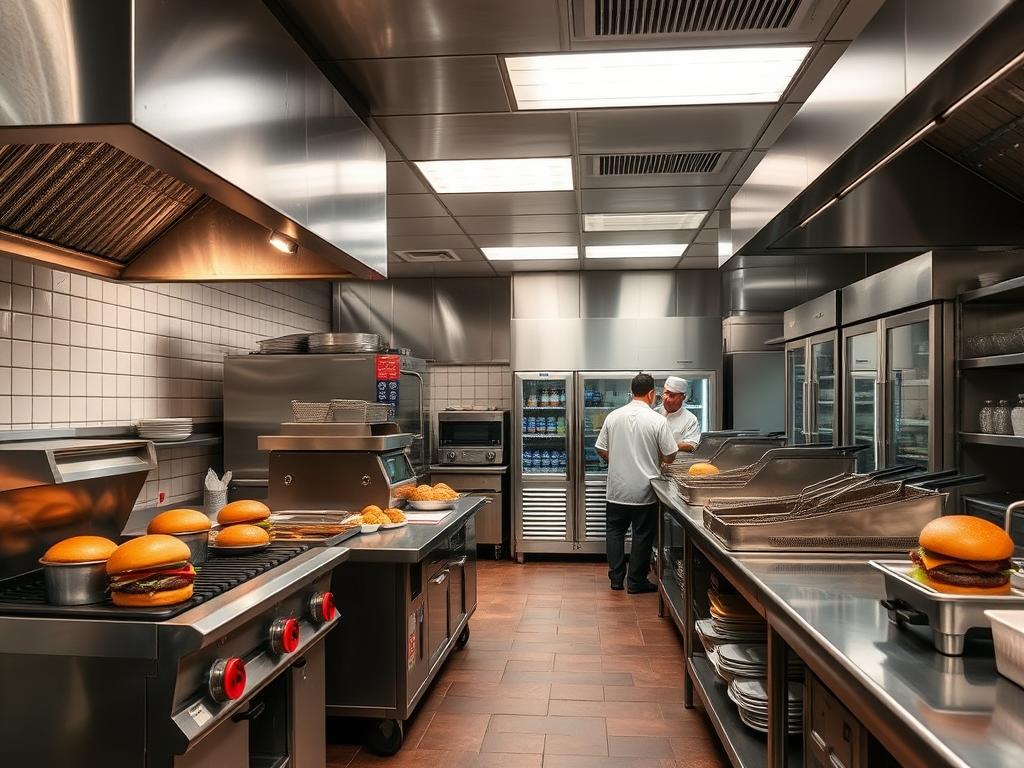 Cozinha profissional de hamburgueria com equipamentos industriais