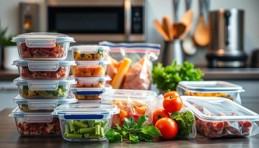 Detailed image of the benefits of vacuum packing, showcasing a well-organized arrangement of vacuum-sealed food containers, fresh produce, and kitchen appliances. Crisp lighting illuminates the scene, capturing the clean, modern aesthetic of the vacuum packing process. The foreground features neatly stacked containers, emphasizing the space-saving and storage advantages. The middle ground displays various food items, highlighting the preservation and extended shelf life benefits. The background depicts a kitchen environment with appliances and utensils, conveying the practical integration of vacuum packing into everyday cooking and meal preparation. The overall mood is one of efficiency, organization, and the tangible advantages of this food storage technology.