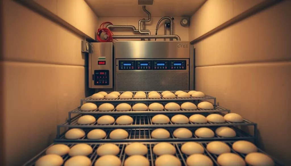 Detailed interior view of a commercial-grade fermentation chamber for breadmaking, showcasing the various components. Prominent in the foreground are rows of climate-controlled proofing racks, each tray holding neatly arranged dough pieces in the process of fermentation. The mid-ground reveals the chamber's control panel and monitoring systems, with digital displays indicating temperature, humidity, and other crucial parameters. The background highlights the insulated walls and door, along with the efficient airflow and humidity regulation mechanisms that create the optimal environment for optimal yeast activity and dough development. Warm, even lighting bathes the scene, conveying the industrial yet precise nature of this essential piece of commercial baking equipment.