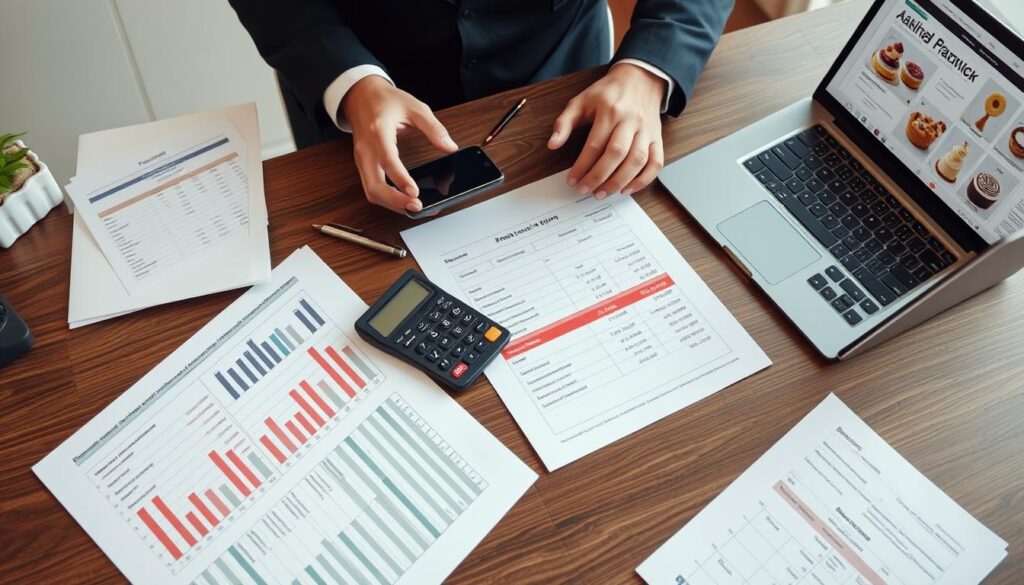 Empreendedor analisando planilha de custos para abertura de uma fábrica de bolos Empreendedor analisando planilha de custos para abertura de uma fábrica de bolos