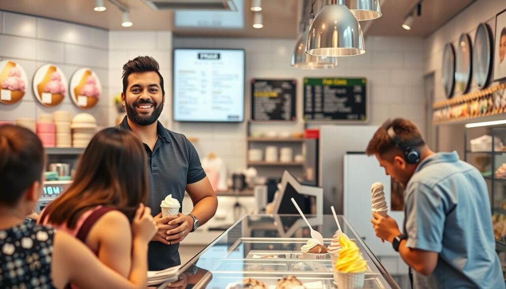Empreendedor satisfeito em sua sorveteria recém-inaugurada, simbolizando o sucesso do negócio Empreendedor satisfeito em sua sorveteria recém-inaugurada, simbolizando o sucesso do negócio