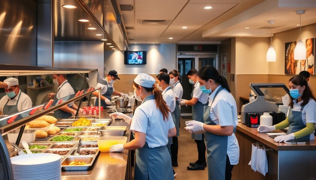 Equipe de funcionários trabalhando em um restaurante self-service
