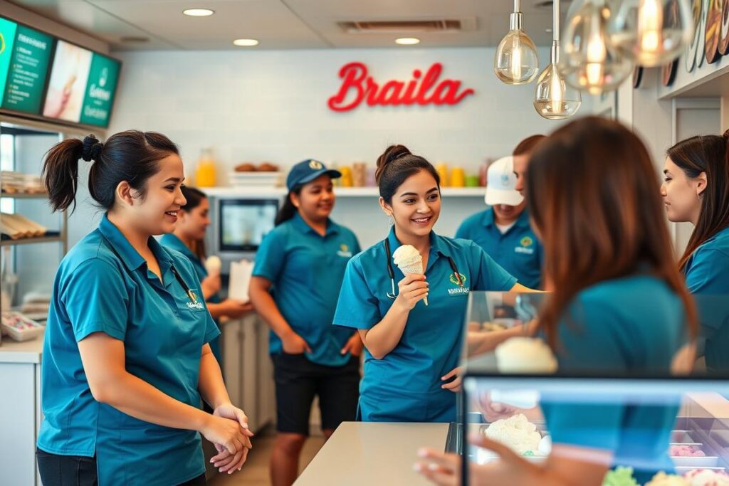 Equipe de funcionários trabalhando em uma sorveteria, mostrando atendimento ao cliente Equipe de funcionários trabalhando em uma sorveteria, mostrando atendimento ao cliente