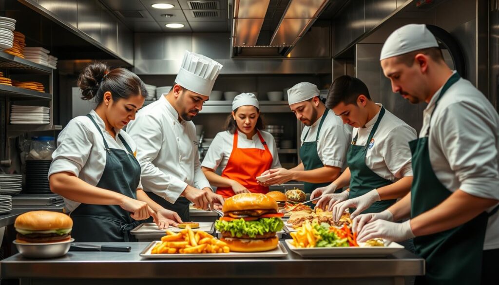 Equipe de hamburgueria trabalhando em cozinha profissional