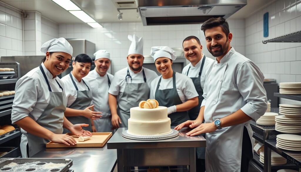 Equipe de padaria trabalhando na produção de pães Equipe de padaria trabalhando na produção de pães