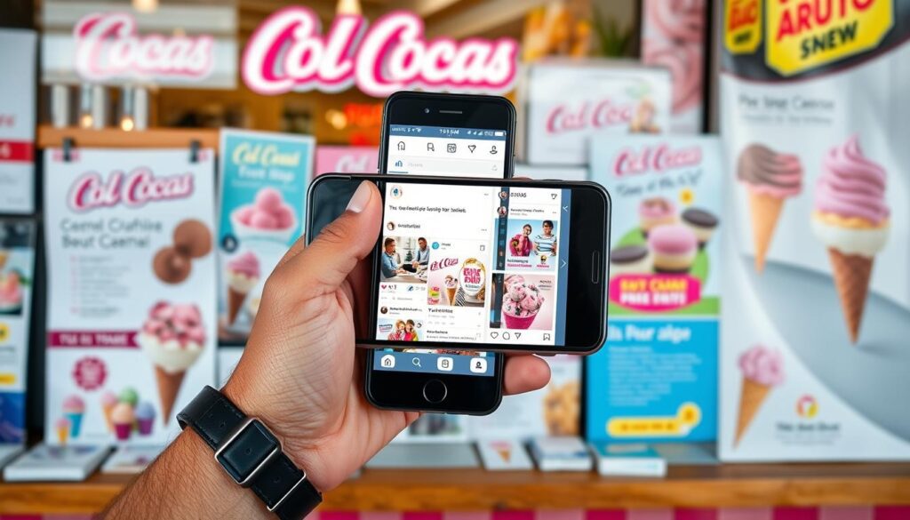 Estratégias de marketing para sorveteria, mostrando redes sociais e materiais promocionais Estratégias de marketing para sorveteria, mostrando redes sociais e materiais promocionais