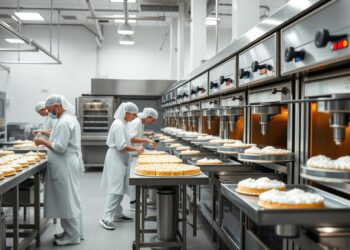 Fábrica de bolos em operação com equipamentos industriais e funcionários trabalhando na produção de bolos