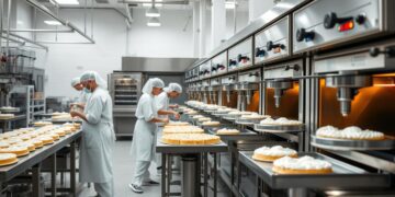 Fábrica de bolos em operação com equipamentos industriais e funcionários trabalhando na produção de bolos