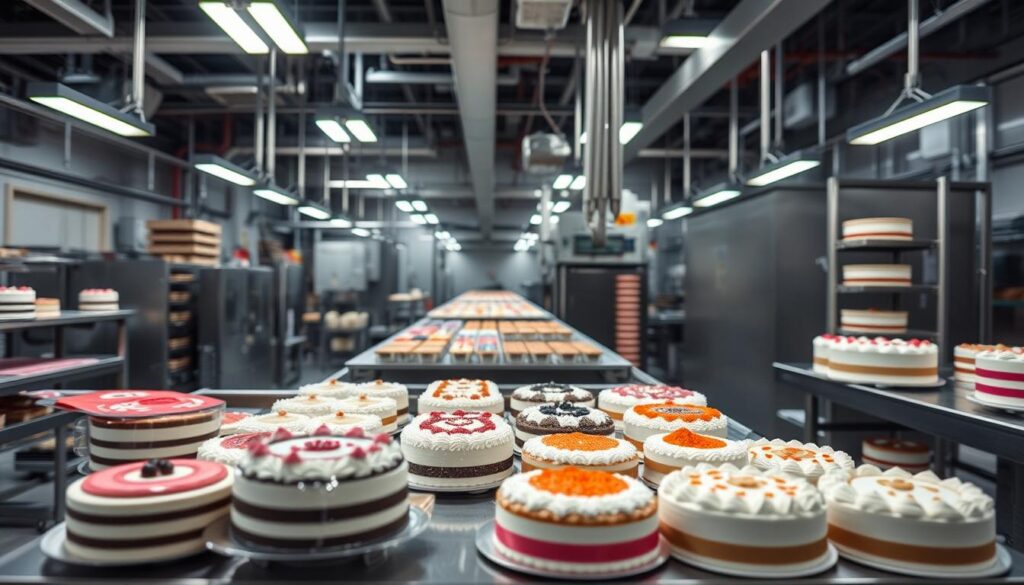 Fábrica de bolos em pleno funcionamento com diversos produtos finalizados prontos para distribuição Fábrica de bolos em pleno funcionamento com diversos produtos finalizados prontos para distribuição