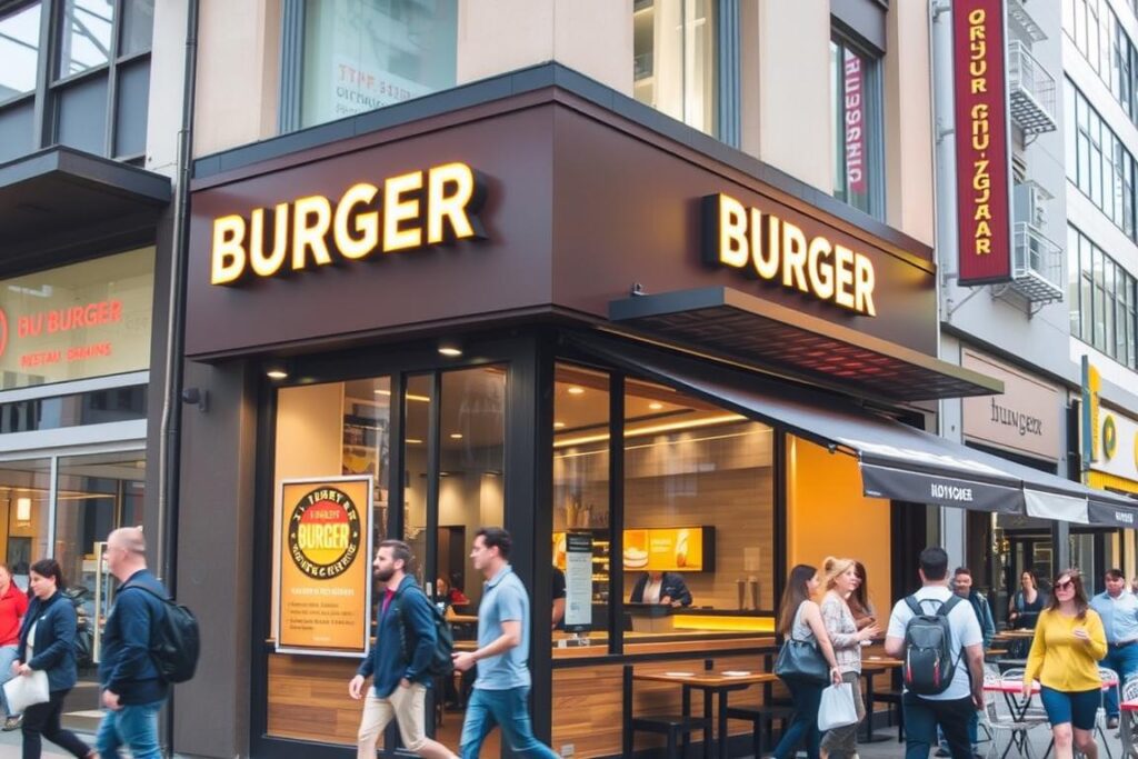 Fachada de uma hamburgueria em local movimentado com pessoas passando