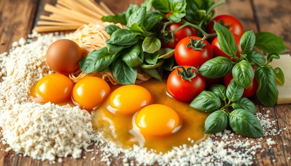 Freshly harvested ingredients for homemade pasta: a pile of soft, golden wheat flour, a nest of bright orange egg yolks, a glistening bundle of bright green spinach leaves, a handful of vibrant red tomatoes, a sprig of fragrant basil, and a light dusting of Parmesan cheese. The ingredients are artfully arranged on a rustic wooden table, bathed in warm, natural lighting that highlights their textures and colors. The overall composition evokes a sense of simplicity, quality, and the comforting aroma of homemade pasta. Freshly harvested ingredients for homemade pasta: a pile of soft, golden wheat flour, a nest of bright orange egg yolks, a glistening bundle of bright green spinach leaves, a handful of vibrant red tomatoes, a sprig of fragrant basil, and a light dusting of Parmesan cheese. The ingredients are artfully arranged on a rustic wooden table, bathed in warm, natural lighting that highlights their textures and colors. The overall composition evokes a sense of simplicity, quality, and the comforting aroma of homemade pasta.
