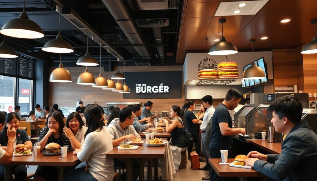 Hamburgueria em pleno funcionamento com clientes satisfeitos