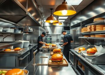 Hamburgueria moderna com equipamentos profissionais e ambiente decorado