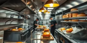 Hamburgueria moderna com equipamentos profissionais e ambiente decorado