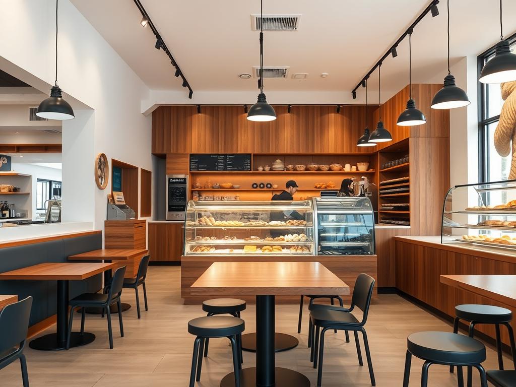 Interior de uma padaria com balcões e espaço para clientes Interior de uma padaria com balcões e espaço para clientes