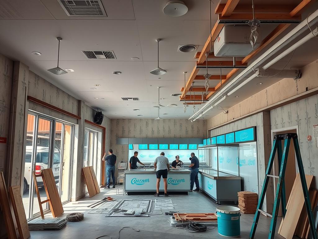 Interior de uma sorveteria sendo reformada, mostrando obras em andamento e planejamento do espaço Interior de uma sorveteria sendo reformada, mostrando obras em andamento e planejamento do espaço