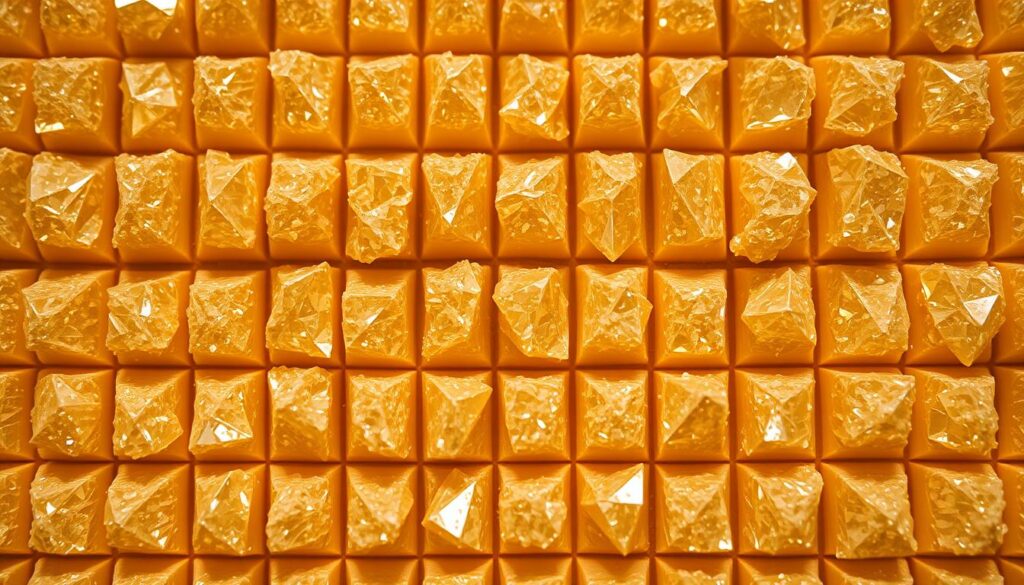 Intricate cocoa butter crystals, glistening under a soft, diffused light. A close-up view reveals the delicate, layered structure of these tiny edifices, each facet catching the illumination and casting subtle shadows. The crystals are arranged in a carefully composed grid, the rows and columns creating a harmonious pattern that speaks to the science and precision of chocolate tempering. The background is a neutral, muted tone, allowing the captivating crystalline forms to take center stage and showcase the remarkable complexity of this essential chocolate-making process.