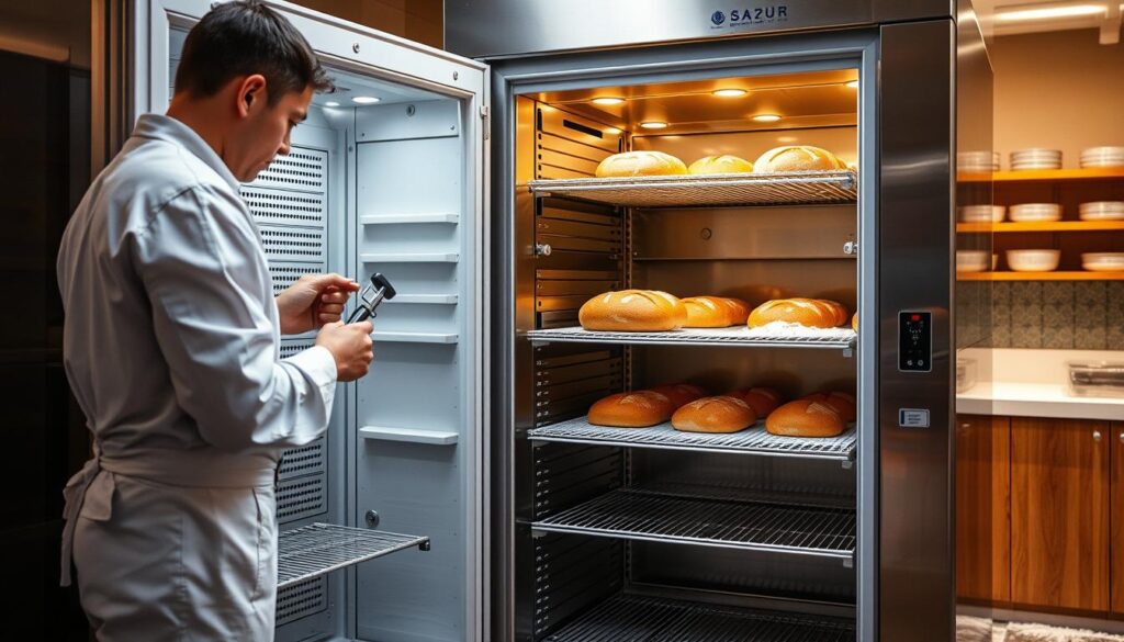Maintenance of a bread cooler: a meticulously designed scene showcasing the careful upkeep of this essential baking equipment. In the foreground, a technician in a clean uniform diligently inspects the inner workings, utilizing specialized tools to ensure optimal performance. The middle ground reveals the intricate mechanisms of the cooler, with clean, gleaming surfaces and precisely calibrated components. In the background, a warm, inviting bakery setting provides context, with flour-dusted countertops and the aroma of freshly baked bread lingering in the air. Soft, directional lighting illuminates the scene, highlighting the importance of maintaining this critical piece of equipment for consistent, high-quality bread production. Maintenance of a bread cooler: a meticulously designed scene showcasing the careful upkeep of this essential baking equipment. In the foreground, a technician in a clean uniform diligently inspects the inner workings, utilizing specialized tools to ensure optimal performance. The middle ground reveals the intricate mechanisms of the cooler, with clean, gleaming surfaces and precisely calibrated components. In the background, a warm, inviting bakery setting provides context, with flour-dusted countertops and the aroma of freshly baked bread lingering in the air. Soft, directional lighting illuminates the scene, highlighting the importance of maintaining this critical piece of equipment for consistent, high-quality bread production.