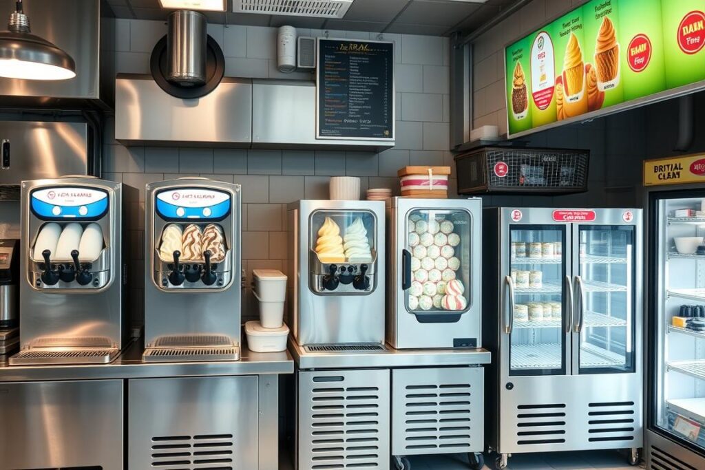 Máquinas de sorvete profissionais em uma sorveteria, mostrando equipamentos essenciais para o negócio Máquinas de sorvete profissionais em uma sorveteria, mostrando equipamentos essenciais para o negócio