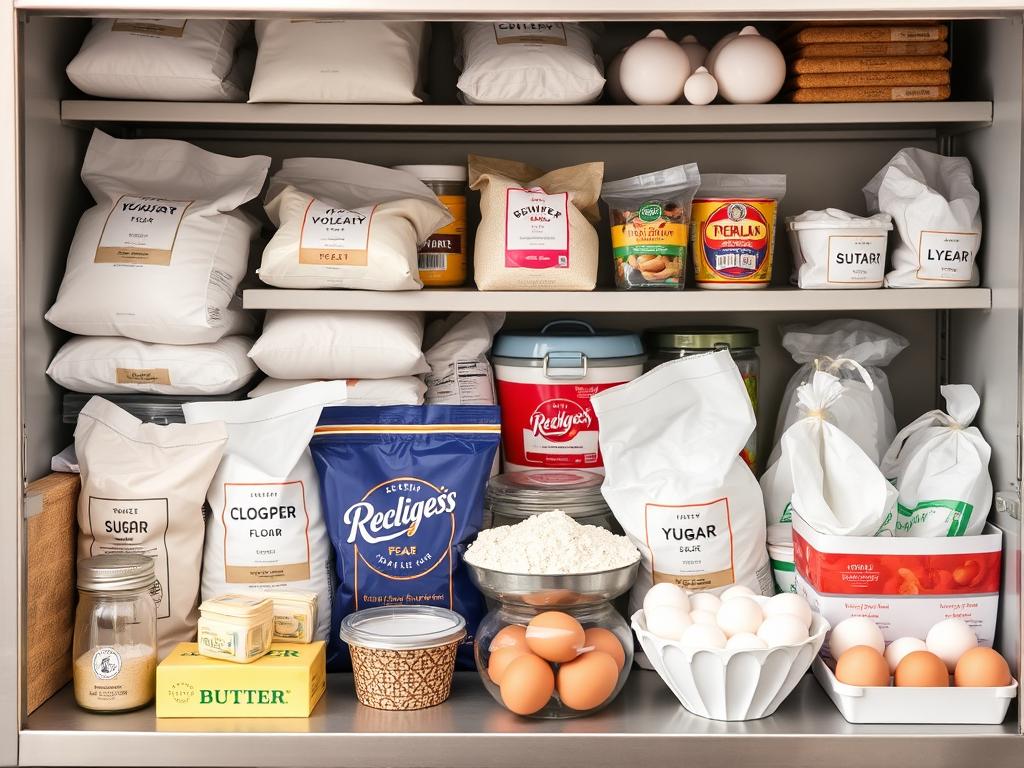 Matérias-primas essenciais para padaria como farinha, açúcar e fermento Matérias-primas essenciais para padaria como farinha, açúcar e fermento