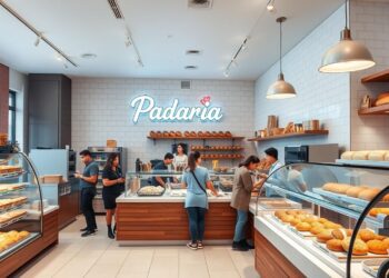 Padaria moderna com balcão de atendimento e vitrines de produtos