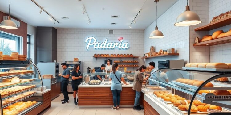 Padaria moderna com balcão de atendimento e vitrines de produtos