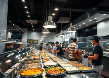 Restaurante self service em funcionamento com clientes se servindo no buffet