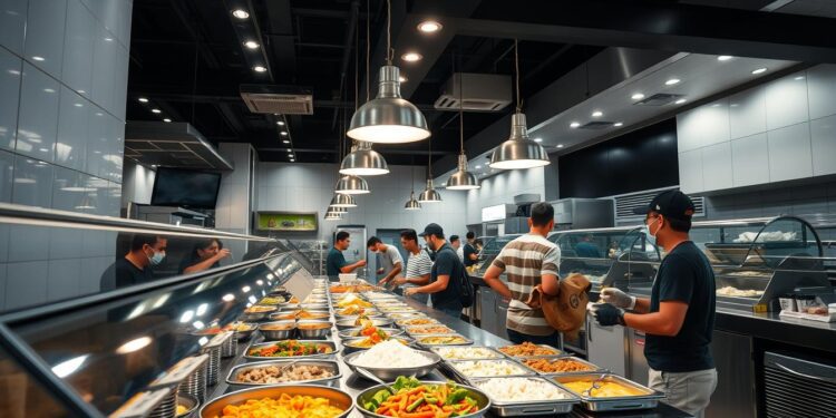 Restaurante self-service em funcionamento com clientes se servindo no buffet